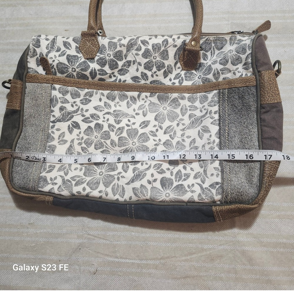 Myra Bag Amaryllis Upcycled Canvas & Cowhide Messenger Bag Rustic Western - Picture 9 of 13